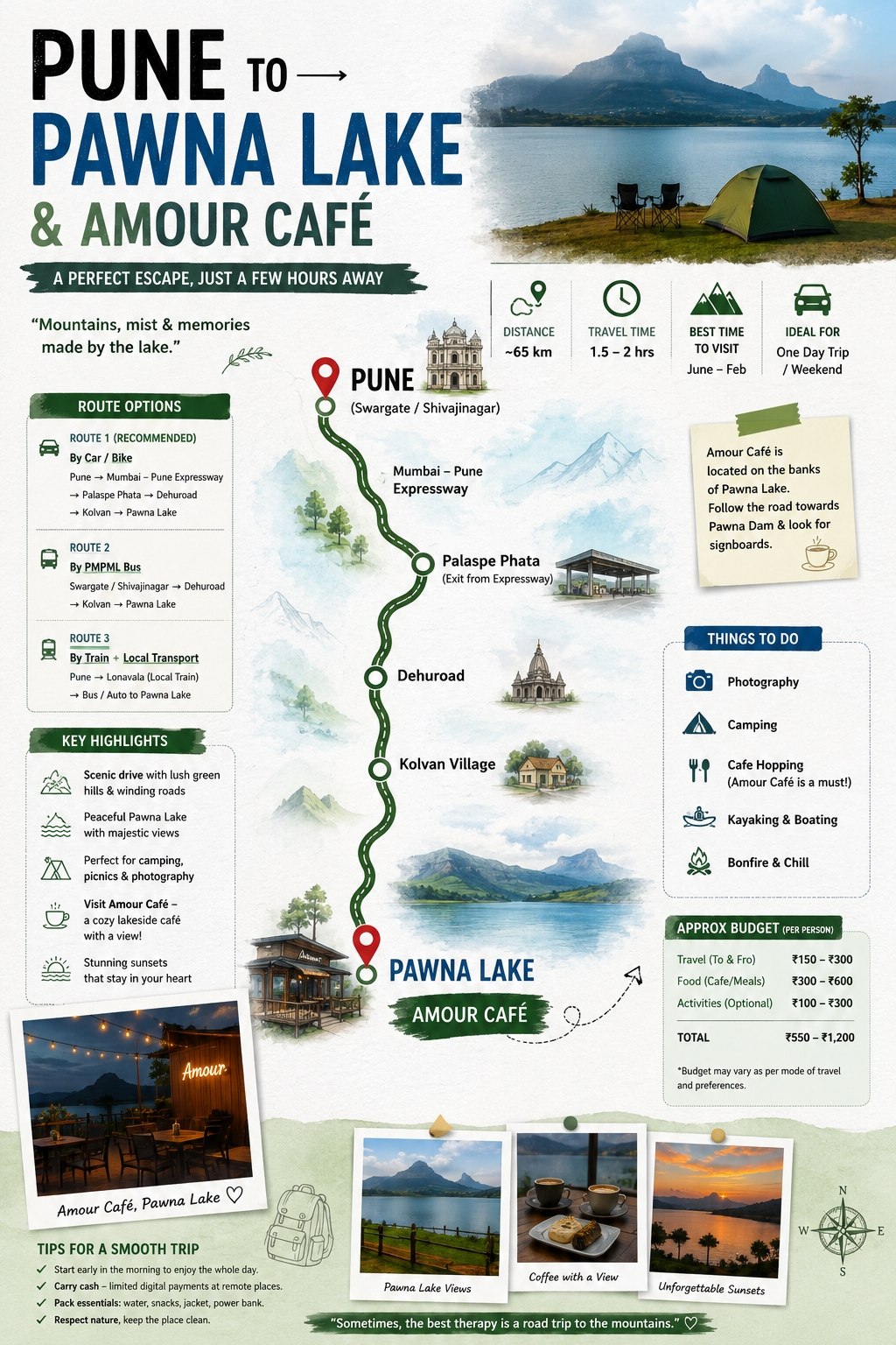 Route map from Pune to Pawna Lake & Amour Café