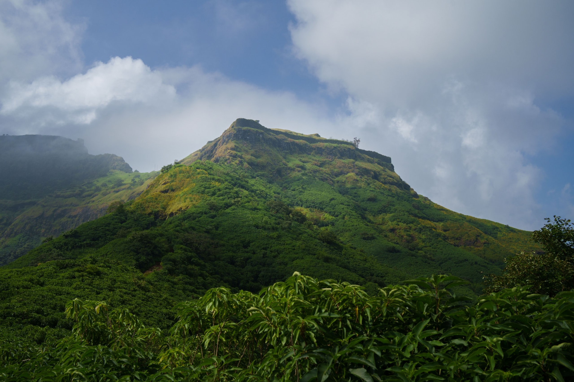 Looking up at the Tikona summit block against a monsoon sky, minutes before the final flight of steps.